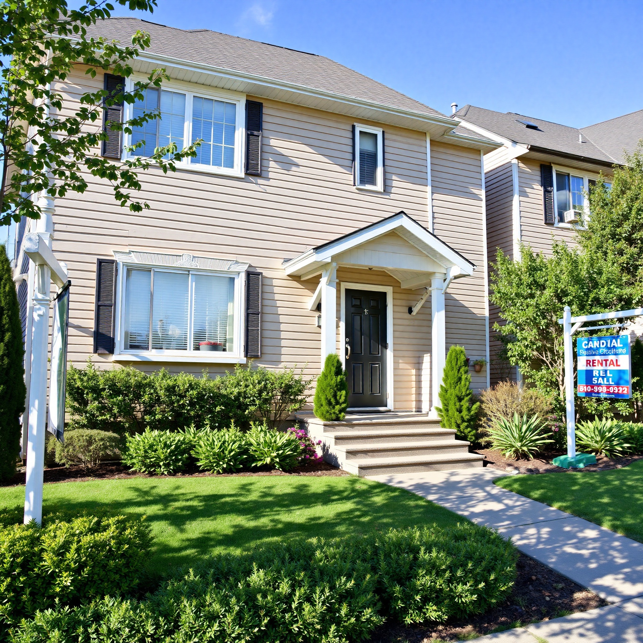 Modern residential rental property exterior with professional real estate signage and landscaping