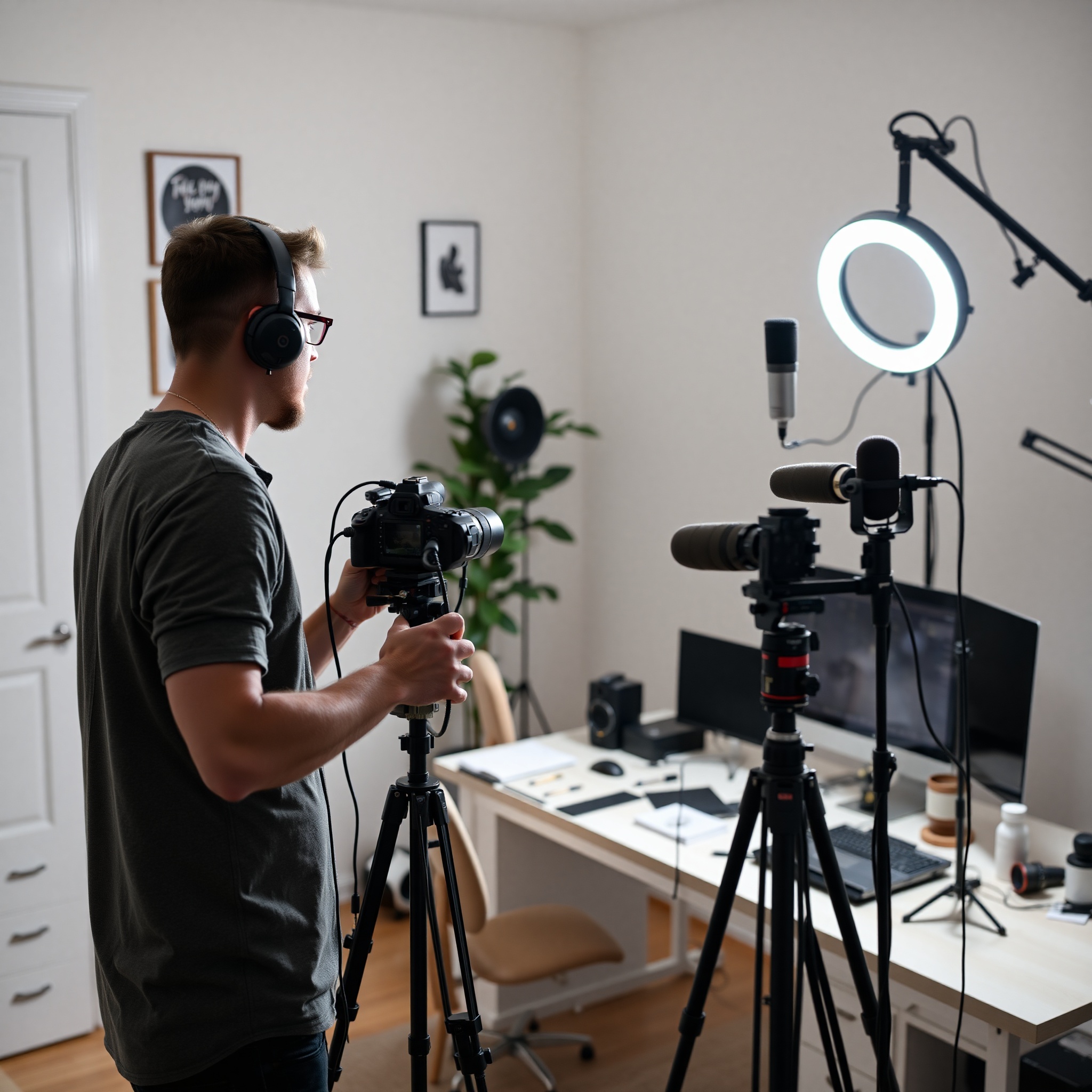Content creator recording video tutorial at professional home studio setup