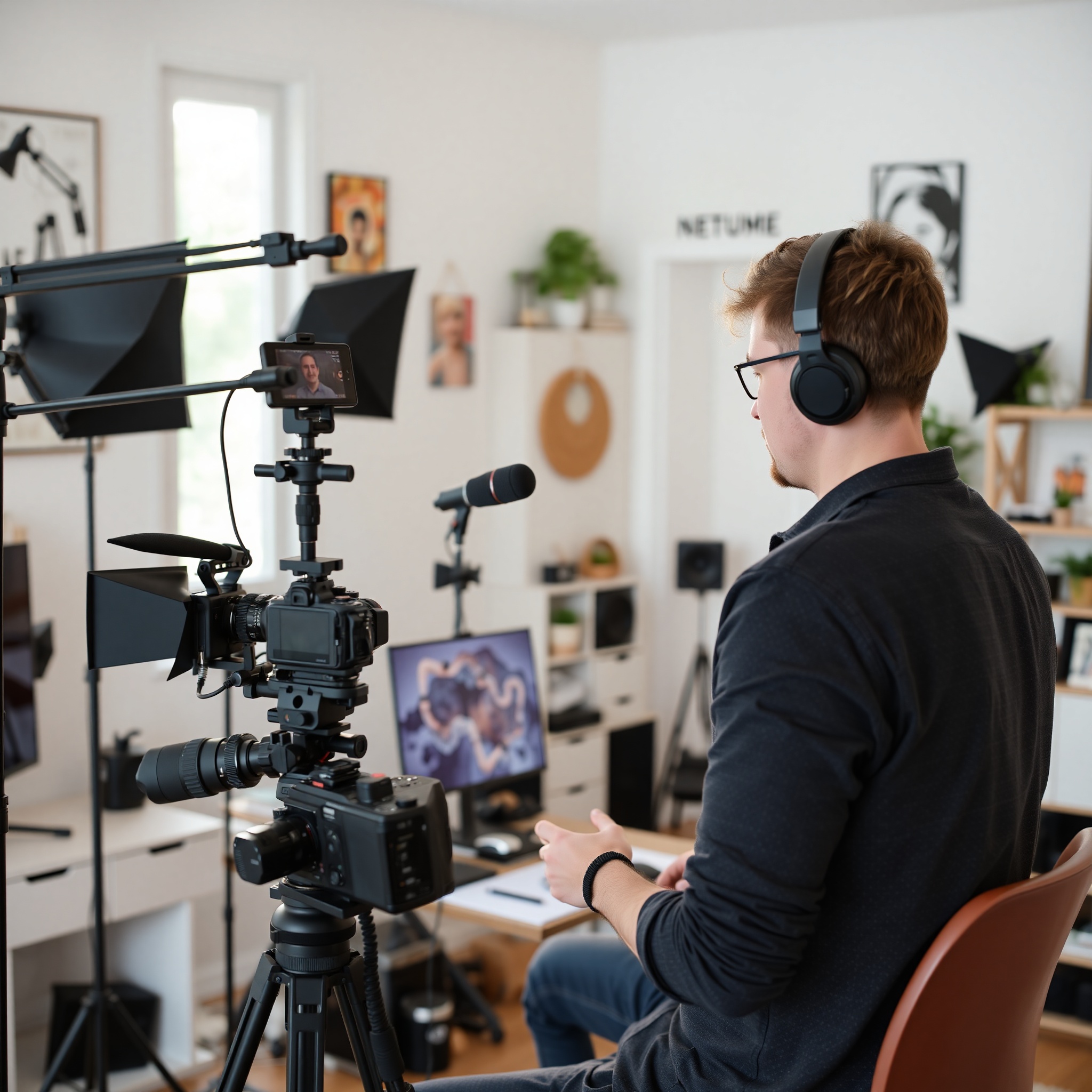 Professional content creator working in home studio setting up camera and microphone equipment for YouTube video production