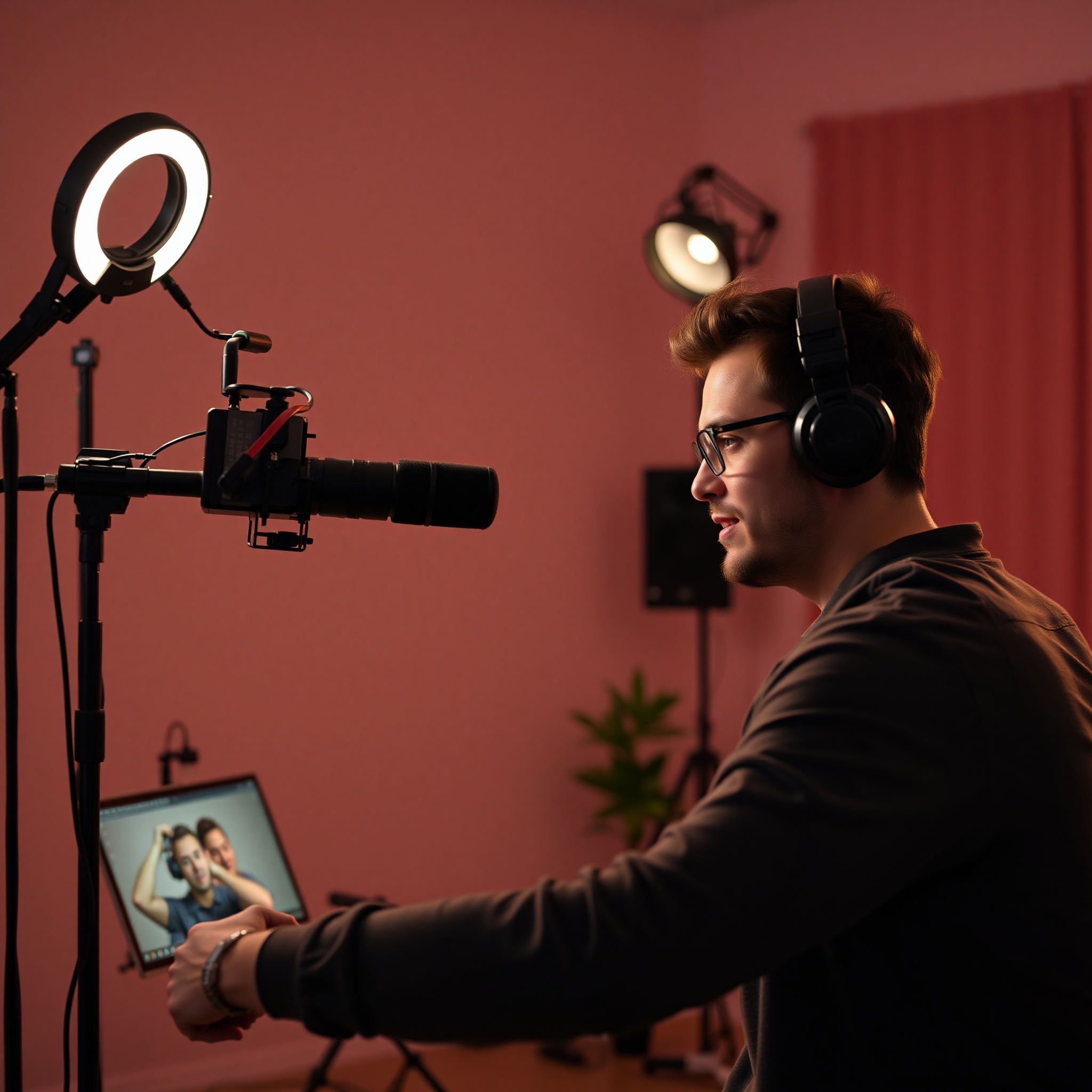 Content creator recording video tutorial at professional home studio setup