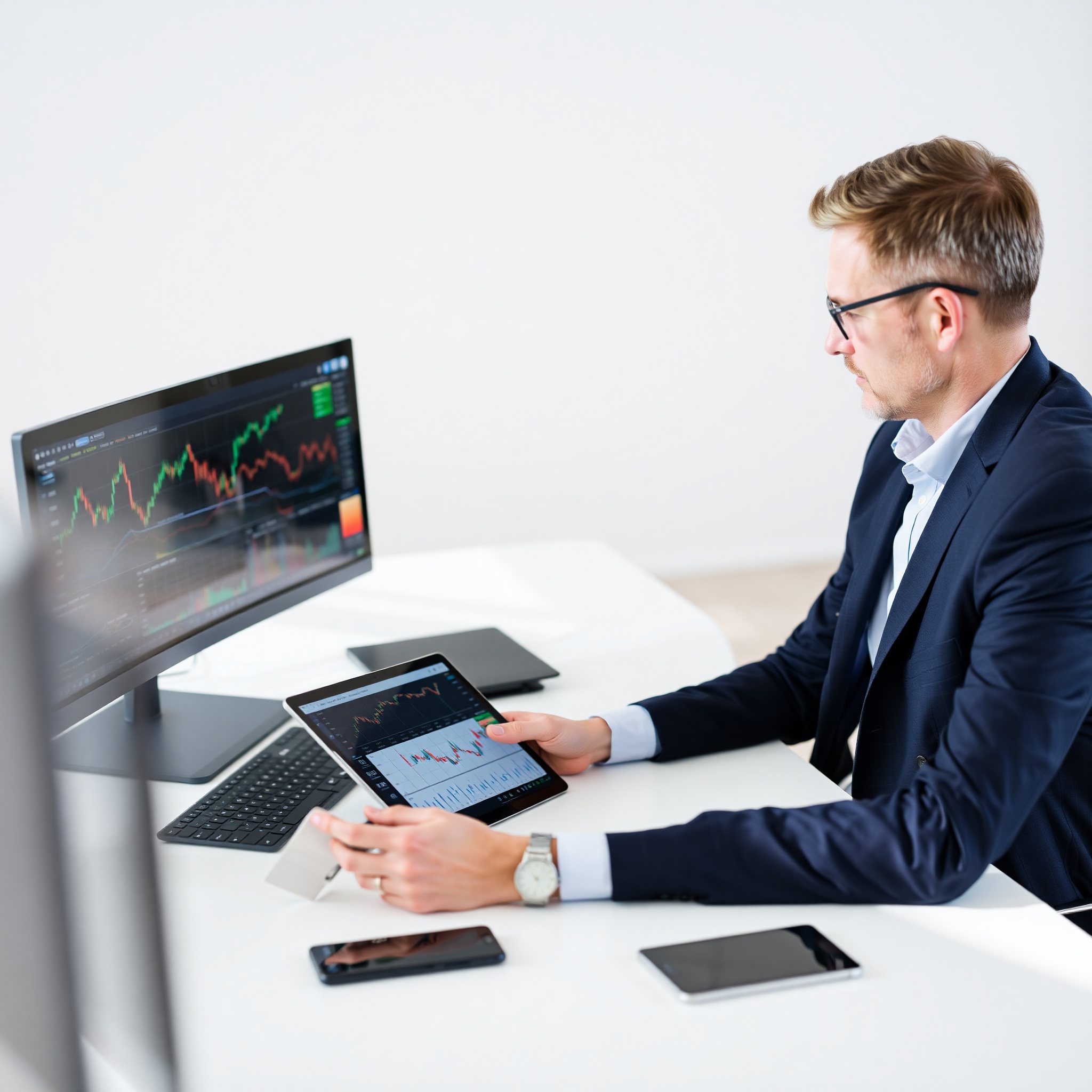 Professional image of financial advisor reviewing investment portfolio on tablet with charts and graphs visible