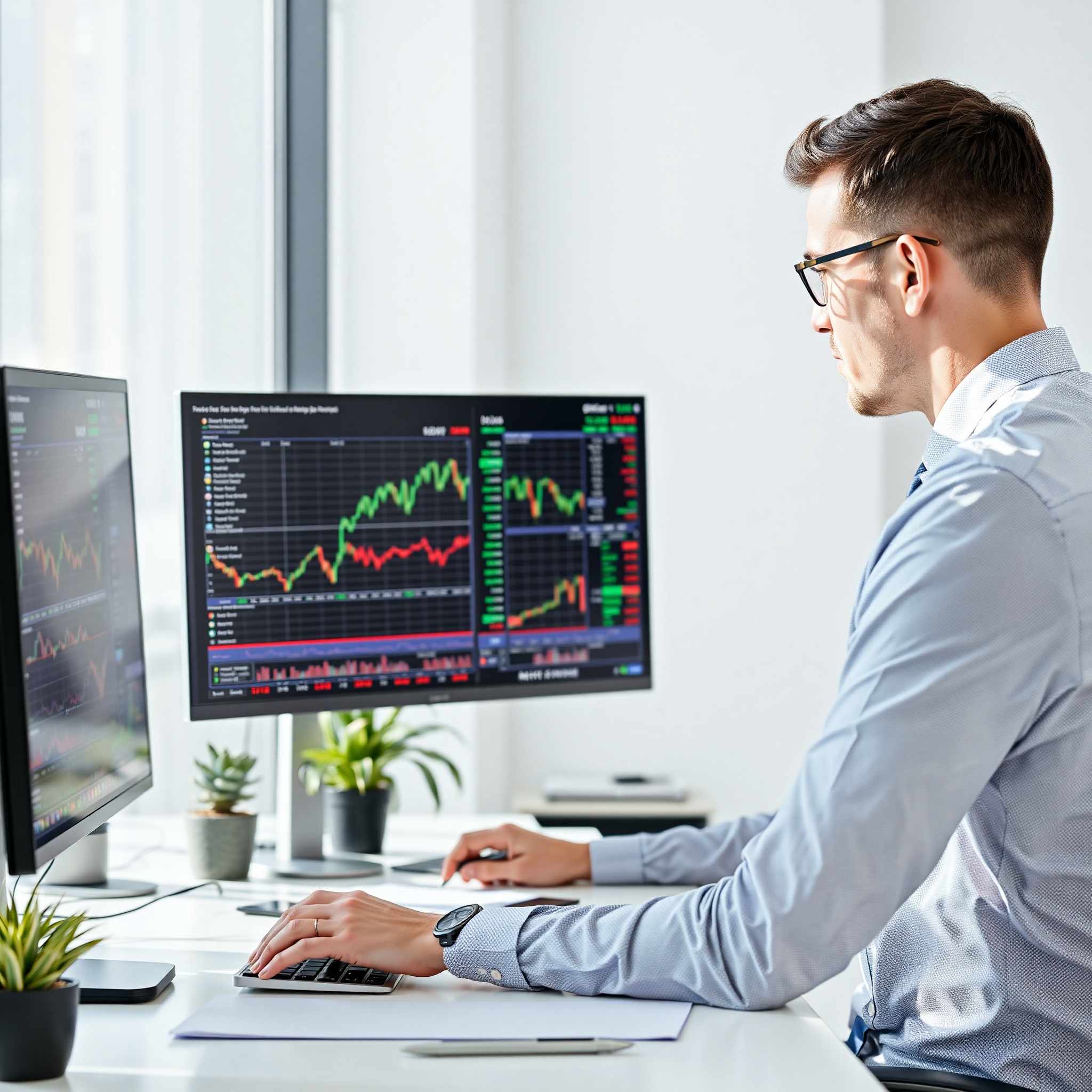 Professional investment analyst reviewing stock market data and dividend yields on computer screen