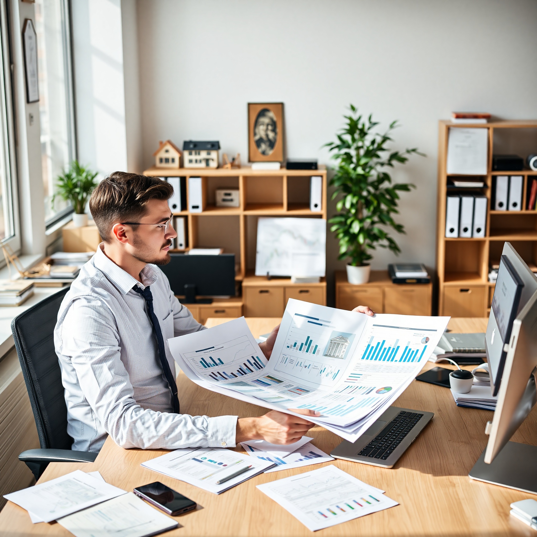 Professional image of property manager reviewing rental property documentation and financial statements