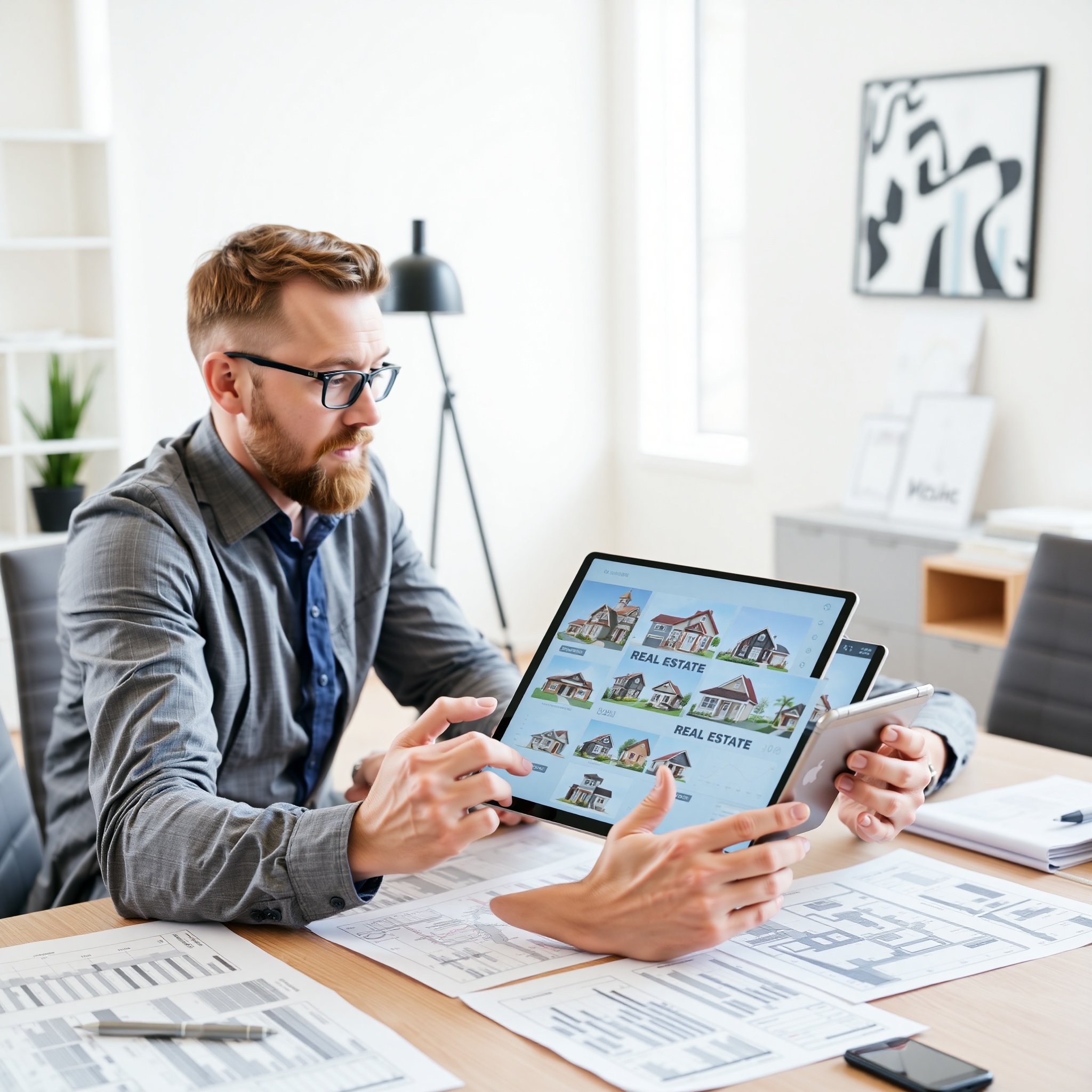 Professional real estate property investment portfolio with multiple rental properties shown on tablet screen