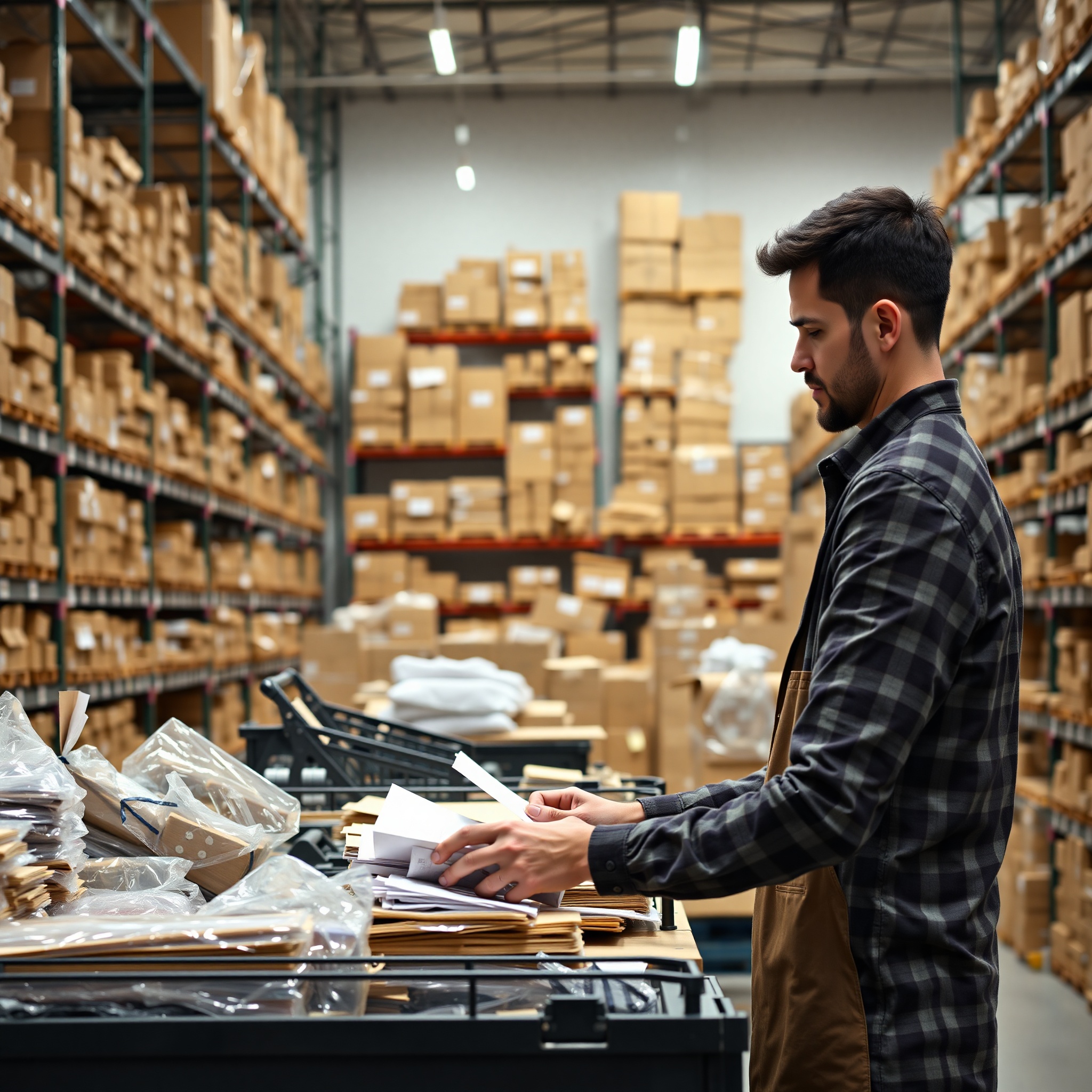 E-commerce business owner packaging products for shipment with organized warehouse shelving