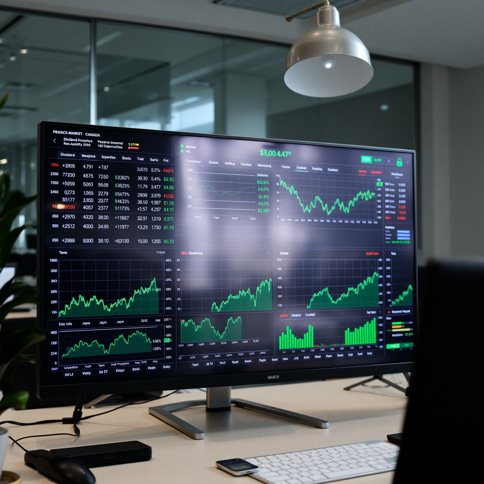 Professional image of stock market analysis dashboard with dividend performance charts and financial data