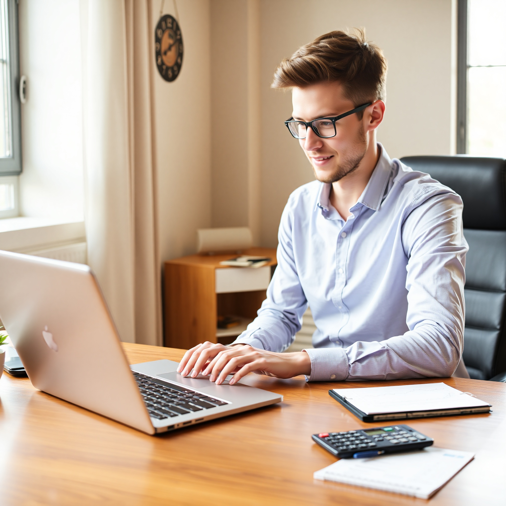 Professional image of person setting up investment account on laptop, with notepad and financial documents on desk