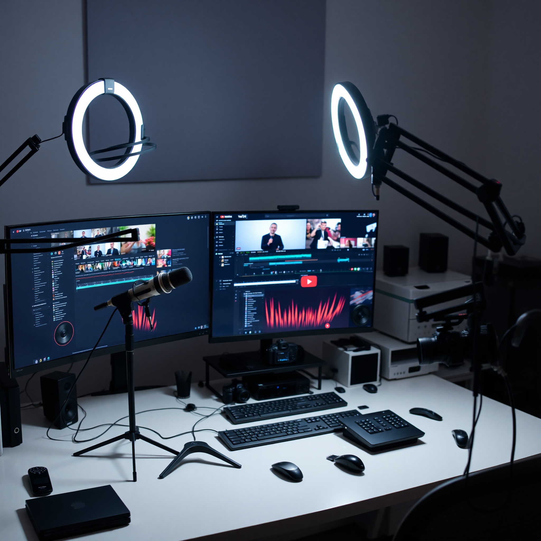 Content creator workspace with YouTube setup microphone and video editing computer